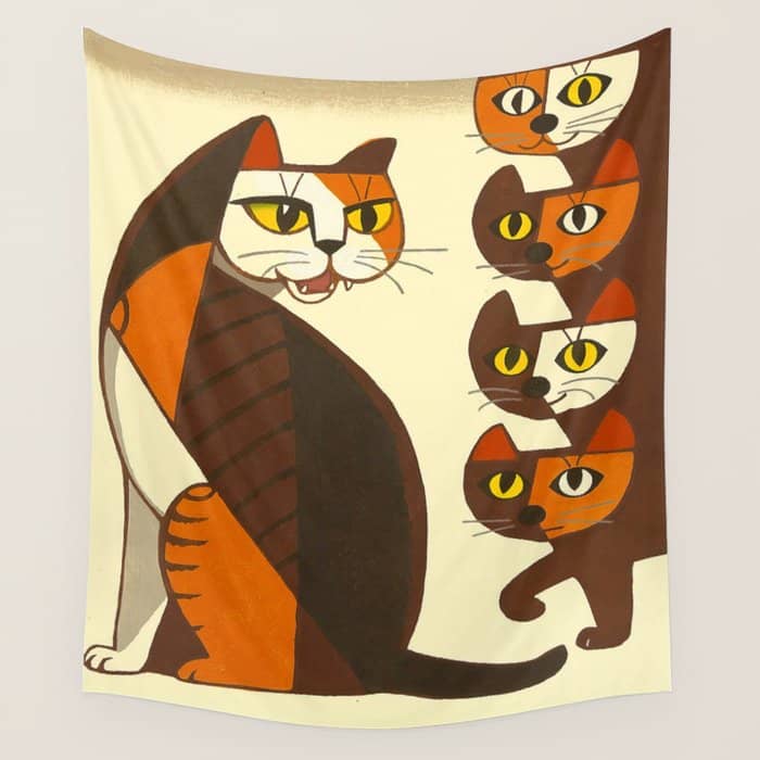 Inagaki Tomoo Vintage Japanese Woodblock Print Mid Century Modern Cubism Art Cats Feline Wall Tapestry