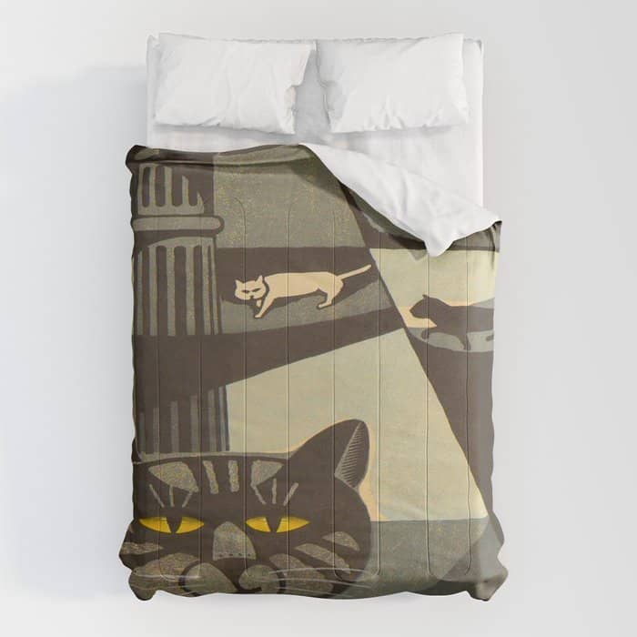 Inagaki Tomoo Vintage Japanese Woodblock Print Mid Century Modern Cubism Art Cats Feline Comforter