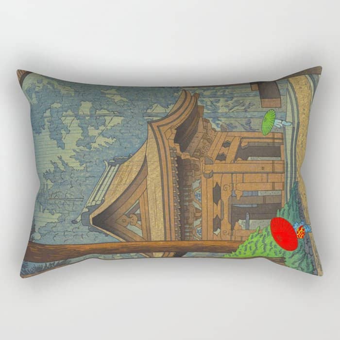 Asano Takeji Japanese Woodblock Print Vintage Mid Century Art Shinto Shrine Forest Rectangular Pillow