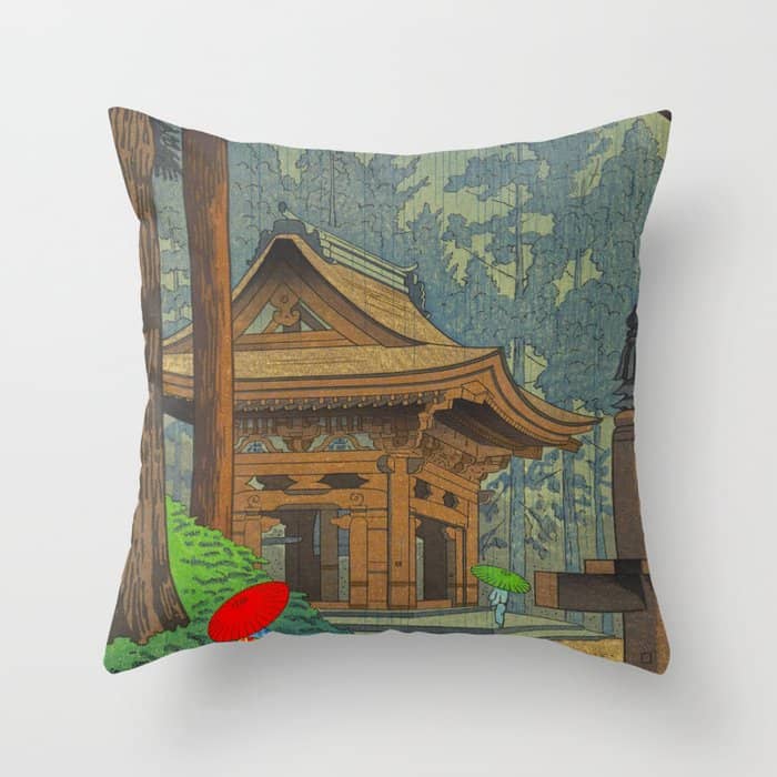 Asano Takeji Japanese Woodblock Print Vintage Mid Century Art Shinto Shrine Forest Throw Pillow