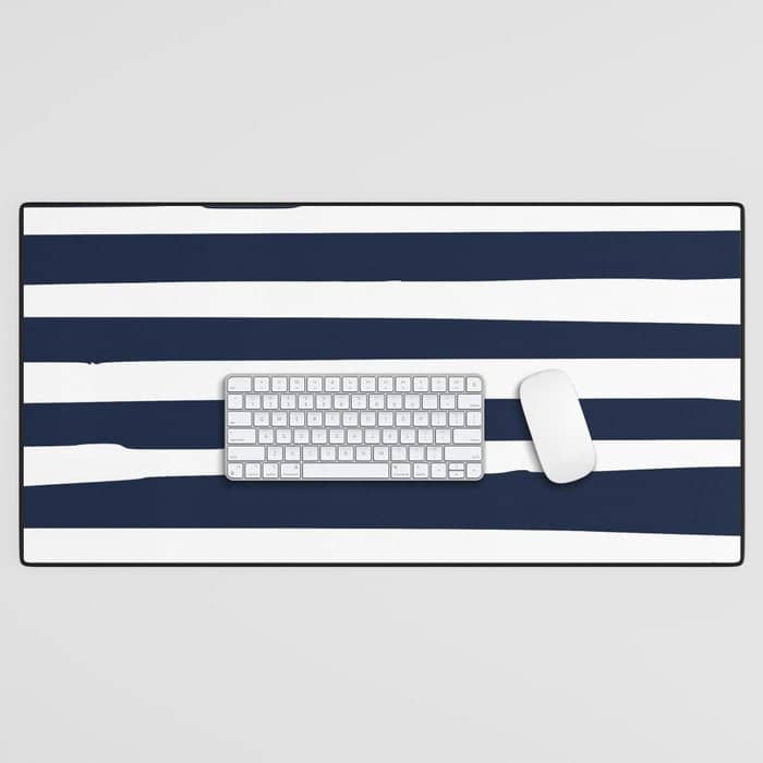 Ocean Stripes, Modern, Abstract, Navy Blue And White Desk Mat
