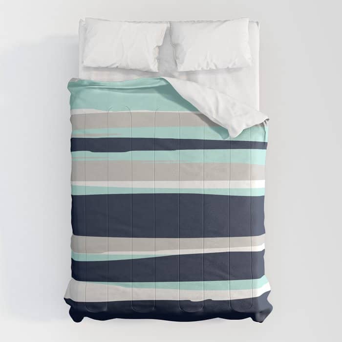 Ocean, Stripe Abstract Pattern, Navy, Aqua, Gray Comforter