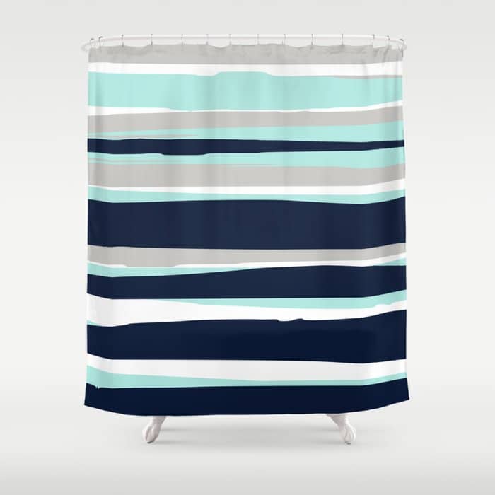 Ocean, Stripe Abstract Pattern, Navy, Aqua, Gray Shower Curtain