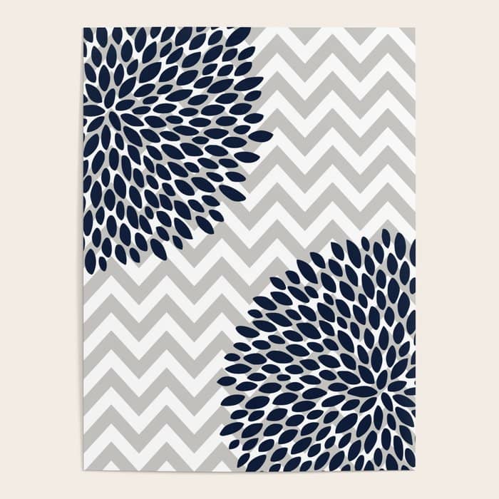 Chevron Floral Modern Navy And Grey Poster