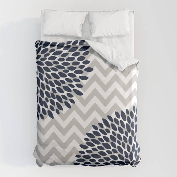 Chevron Floral Modern Navy And Grey Duvet Cover