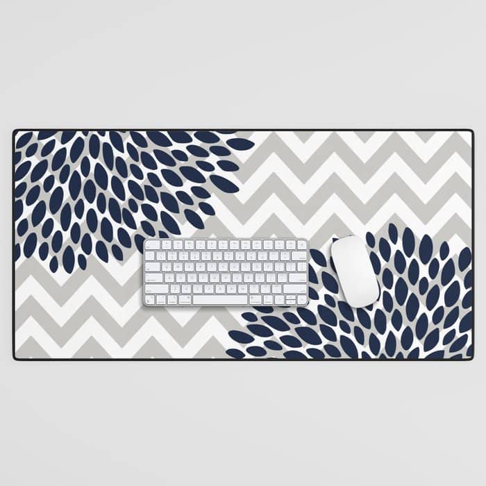 Chevron Floral Modern Navy And Grey Desk Mat