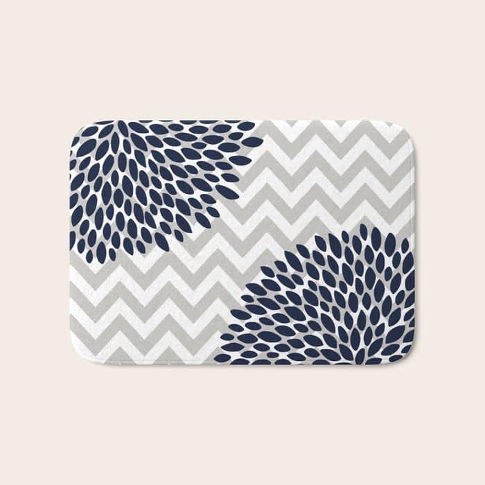 Chevron Floral Modern Navy And Grey Bath Mat