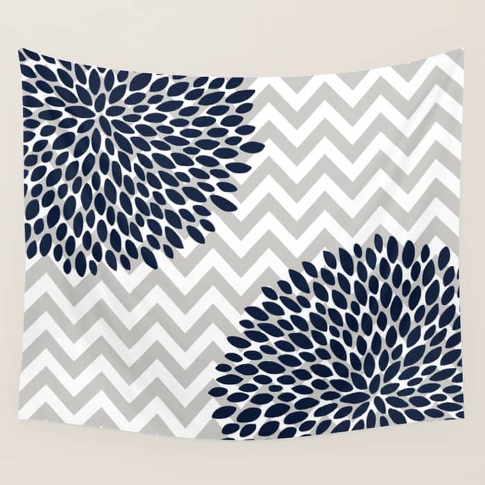 Chevron Floral Modern Navy And Grey Wall Tapestry