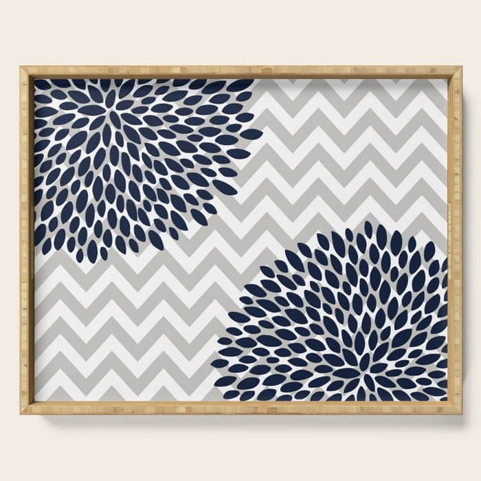 Chevron Floral Modern Navy And Grey Serving Tray