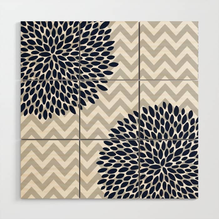 Chevron Floral Modern Navy And Grey Wood Wall Art