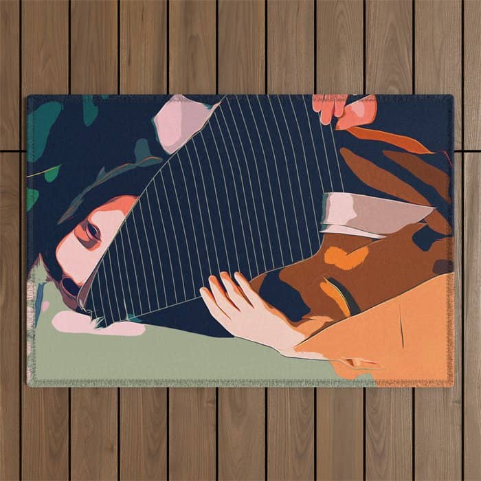 Don'T Be Shy, Bohemian Woman Fashion Illustration, Eclectic Tropical Banana Leaves Feminism Outdoor Rug