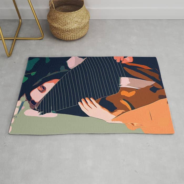 Don'T Be Shy, Bohemian Woman Fashion Illustration, Eclectic Tropical Banana Leaves Feminism Rug