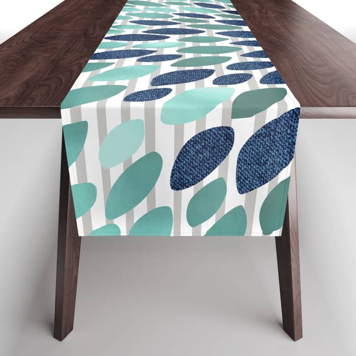 Blooms And Stripes, Aqua And Navy Table Runner