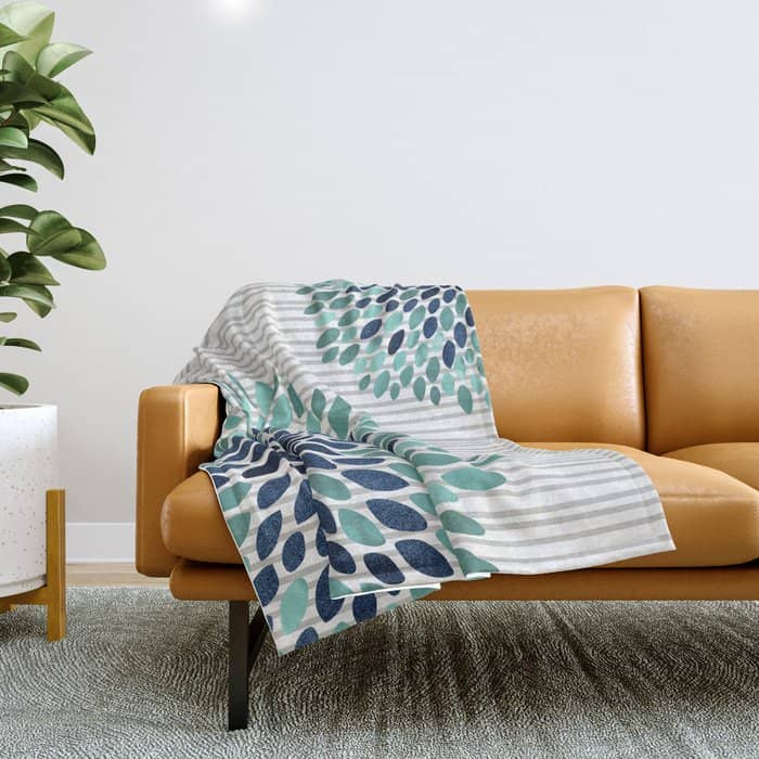 Blooms And Stripes, Aqua And Navy Throw Blanket