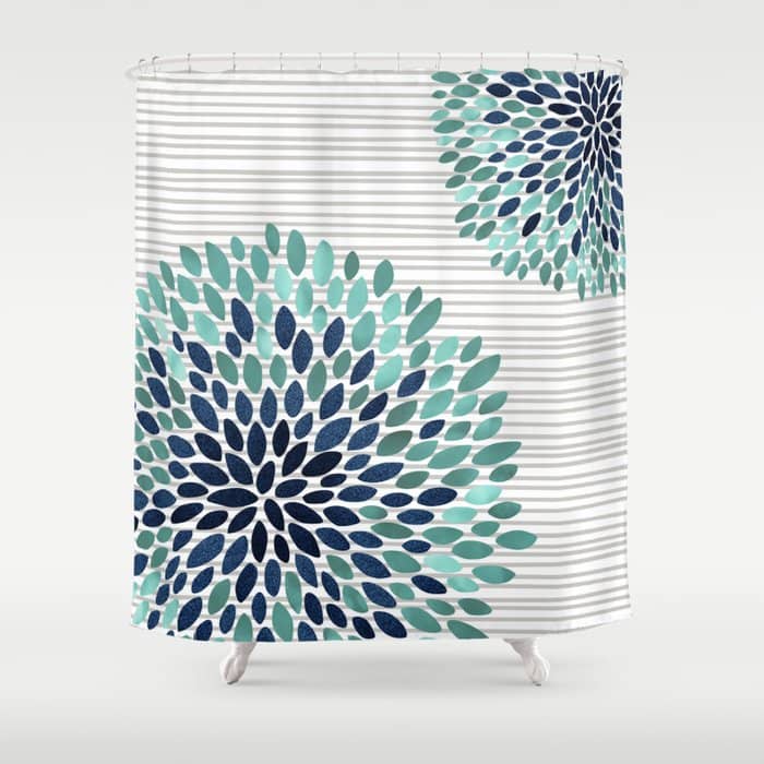 Blooms And Stripes, Aqua And Navy Shower Curtain