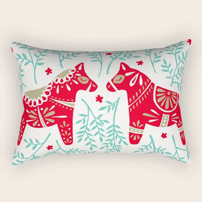 Swedish Dala Horses - Red & Mint Palette Rectangular Pillow
