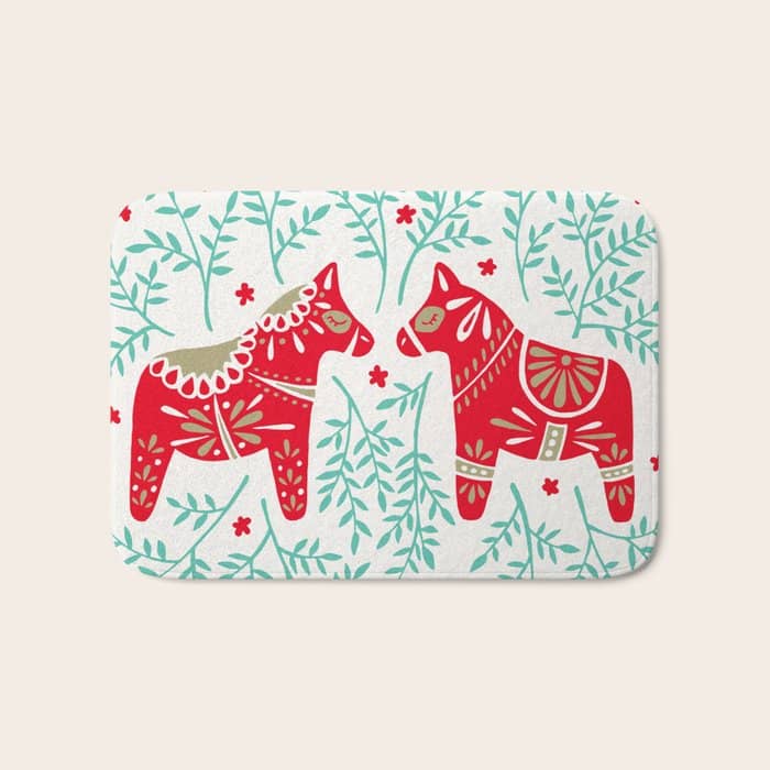 Swedish Dala Horses - Red & Mint Palette Bath Mat