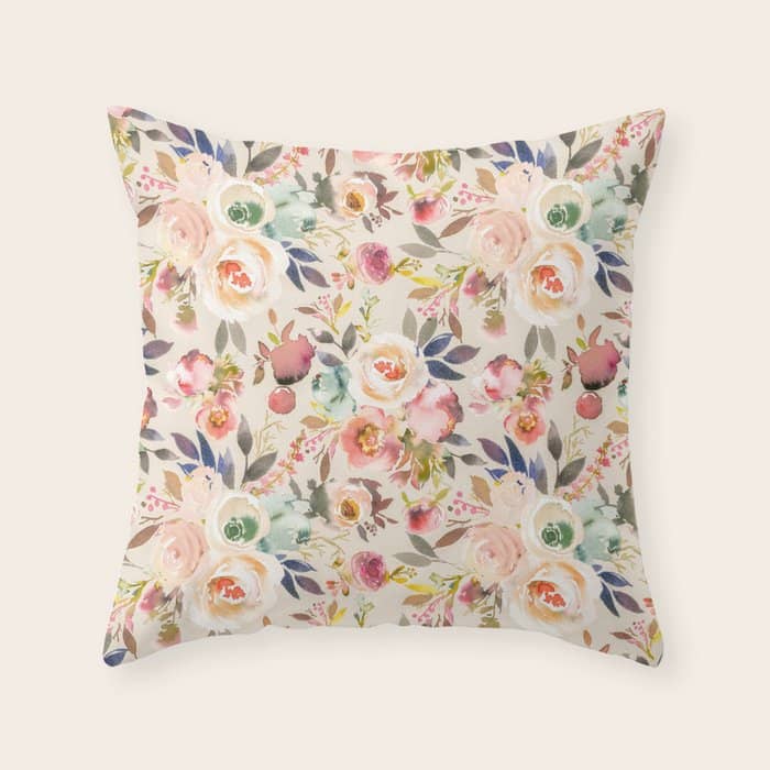 Hand Painted Ivory Pink Brown Watercolor Country Floral Throw Pillow