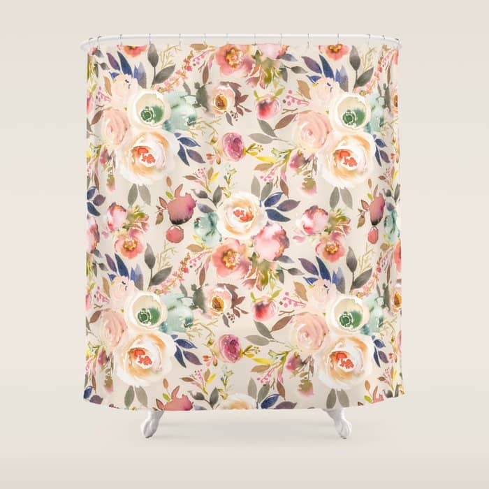 Hand Painted Ivory Pink Brown Watercolor Country Floral Shower Curtain
