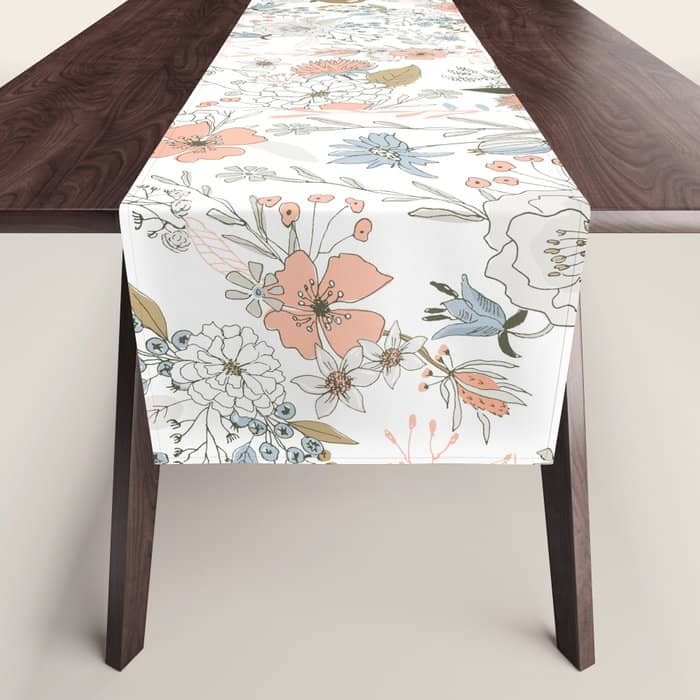 Abstract Modern Coral White Pastel Rustic Floral Table Runner