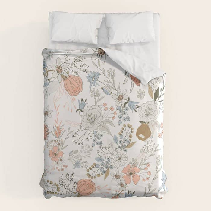 Abstract Modern Coral White Pastel Rustic Floral Duvet Cover