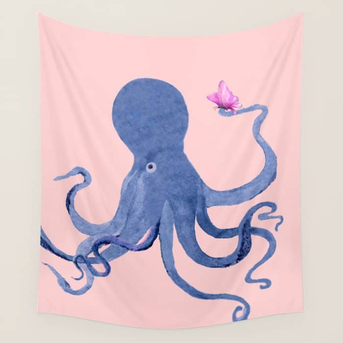 Blue Octopus And Butterfly Wall Tapestry