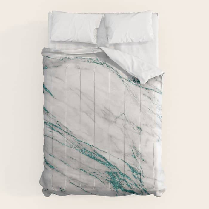 Gray Marble Aqua Teal Metallic Glitter Foil Style Comforter