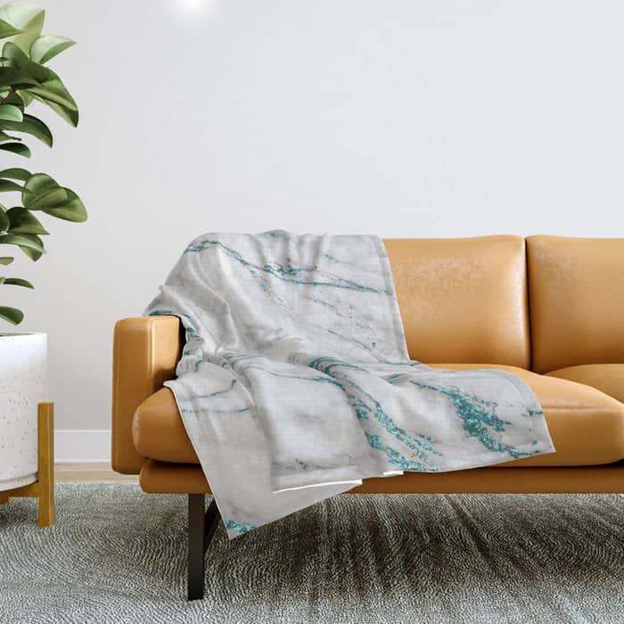 Gray Marble Aqua Teal Metallic Glitter Foil Style Throw Blanket