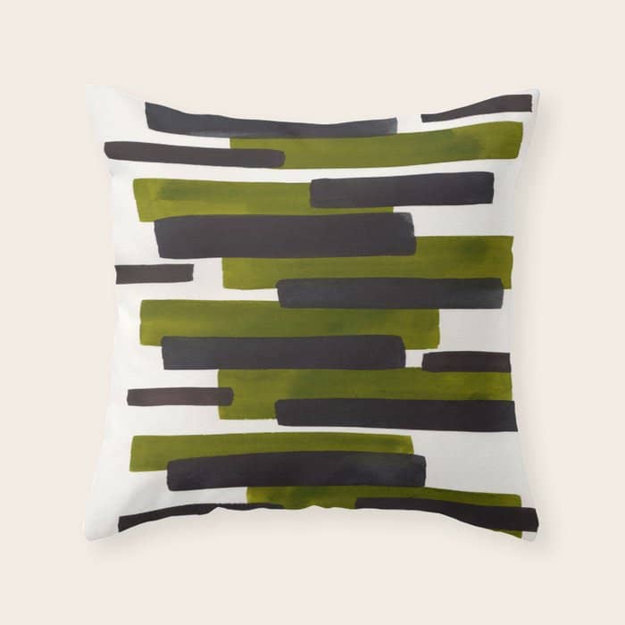 Olive Green Primitive Stripes Mid Century Modern Minimalist Watercolor Gouache Painting Colorful Str Throw Pillow