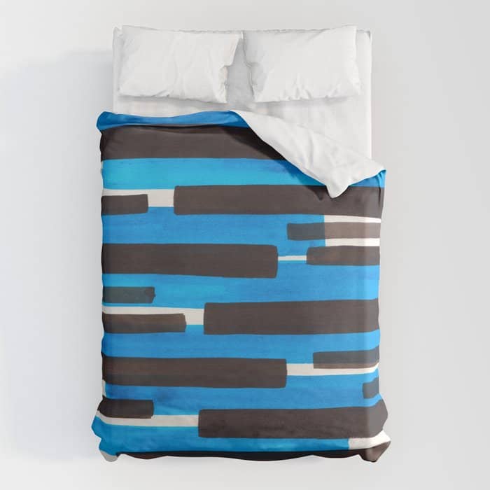 Cerulean Blue Primitive Stripes Mid Century Modern Minimalist Watercolor Gouache Painting Colorful S Duvet Cover
