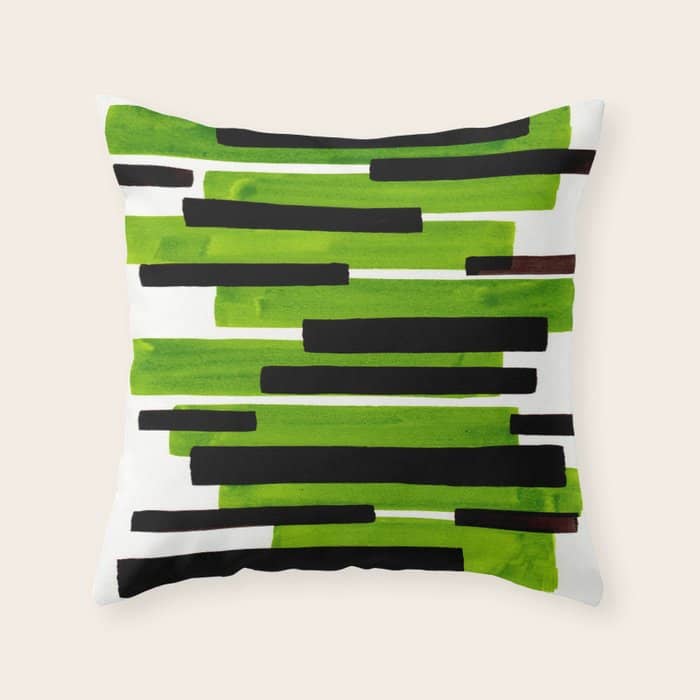 Lime Green Primitive Stripes Mid Century Modern Minimalist Watercolor Gouache Painting Colorful Stri Throw Pillow