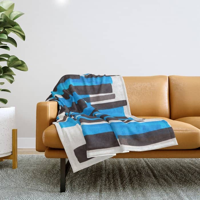 Cerulean Blue Primitive Stripes Mid Century Modern Minimalist Watercolor Gouache Painting Colorful S Throw Blanket