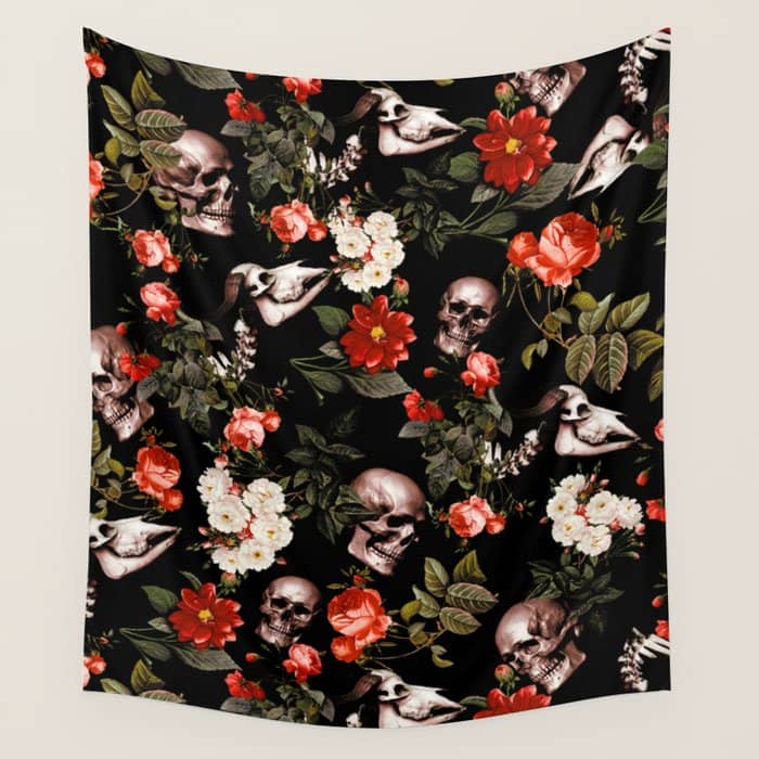 Floral And Skull Dark Pattern Wall Tapestry