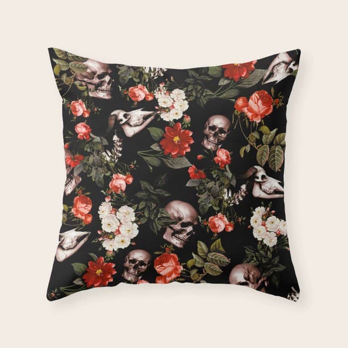 Floral And Skull Dark Pattern Throw Pillow