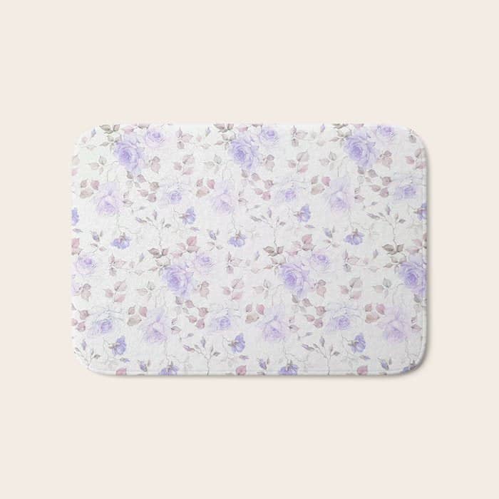 Lavender Gray Elegant Vintage Roses Floral Bath Mat