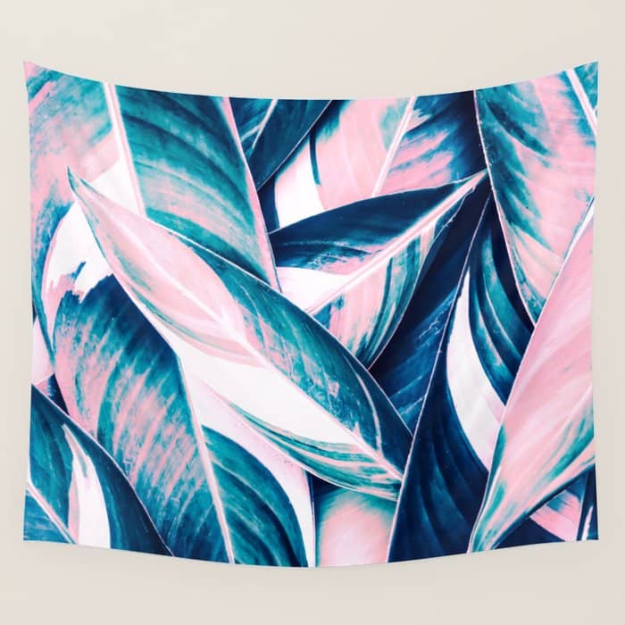 Botanical Leaf Pink And Blue Wall Tapestry