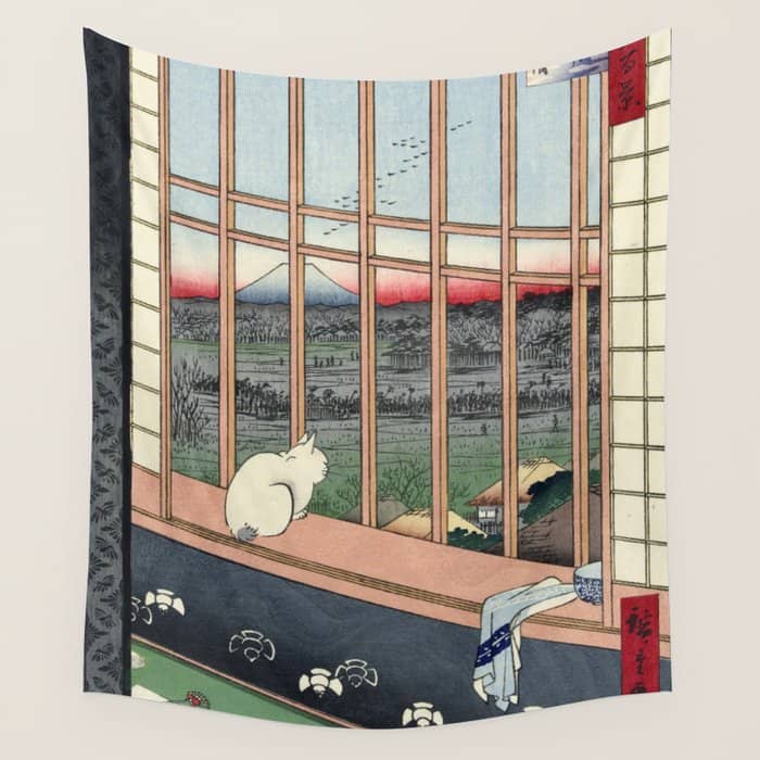 Utagawa Hiroshige Japanese Woodblock Cat Print Wall Tapestry