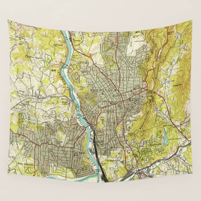 Vintage Map Of Asheville North Carolina (1943) Wall Tapestry