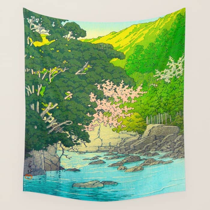 Vintage Japanese Woodblock Print Beautiful Water Creek Grey Rocks Green Trees Wall Tapestry