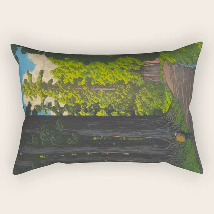 Vintage Japanese Woodblock Print Kawase Hasui Mystical Japanese Forest Tall Green Trees Rectangular Pillow