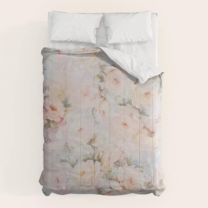 Vintage Romantic Blush Pink Ivory Elegant Rose Floral Comforter