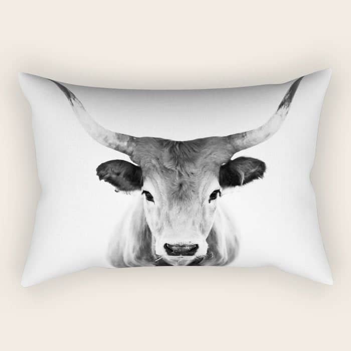 Wild Longhorn Cow Print - Black White Cow Portrait - Animal - Travel Photograpy Rectangular Pillow