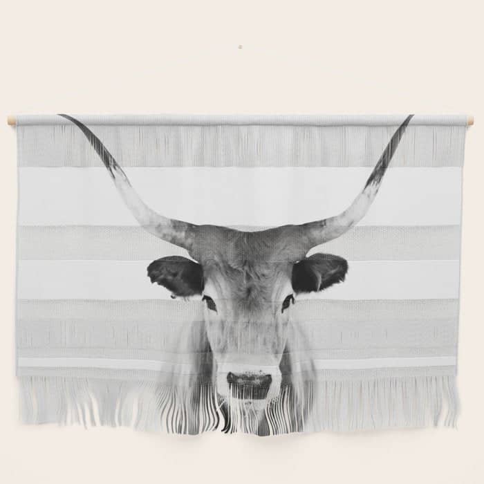 Wild Longhorn Cow Print - Black White Cow Portrait - Animal - Travel Photograpy Wall Hanging