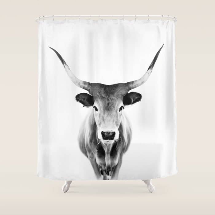 Wild Longhorn Cow Print - Black White Cow Portrait - Animal - Travel Photograpy Shower Curtain