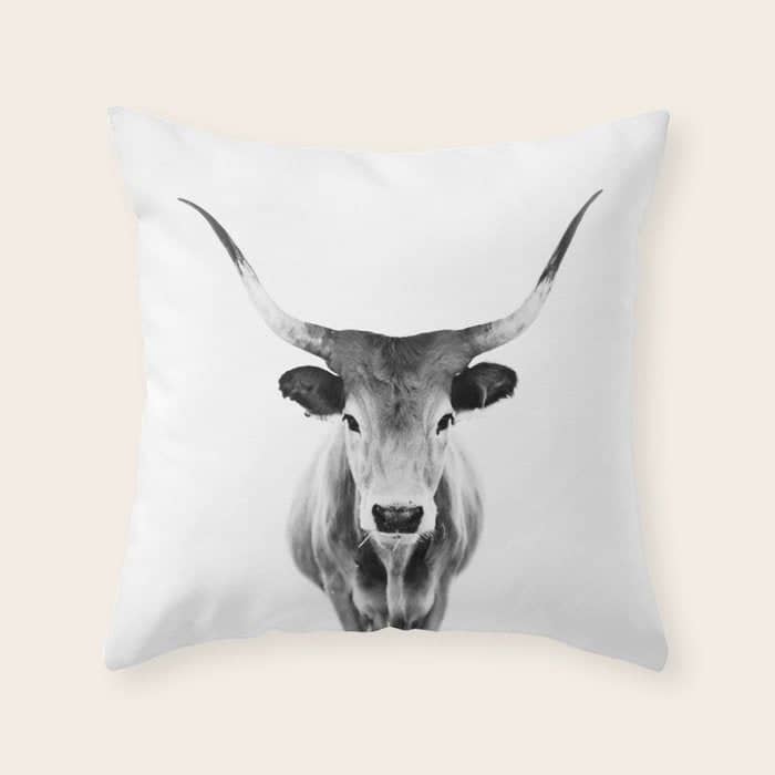 Wild Longhorn Cow Print - Black White Cow Portrait - Animal - Travel Photograpy Throw Pillow