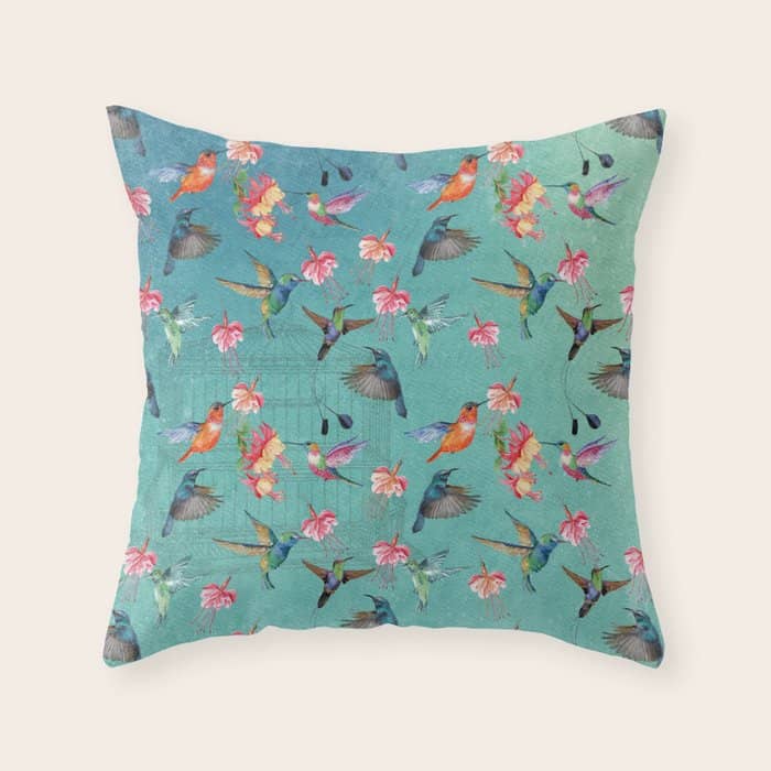 Vintage Watercolor Hummingbirds And Fuchsia Flowers Throw Pillow