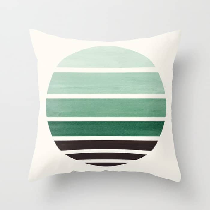 Deep Green Mid Century Modern Minimalist Circle Round Photo Staggered Sunset Geometric Stripe Design Throw Pillow
