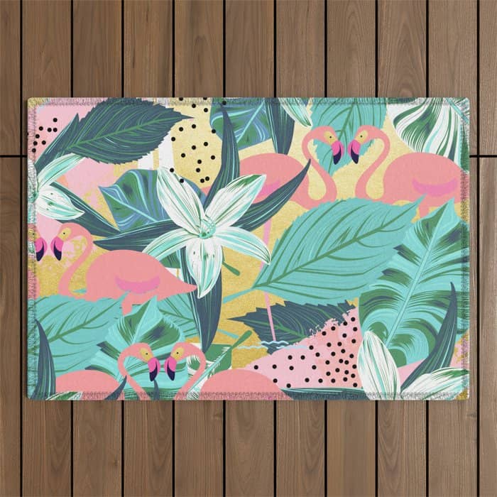 Flamingo Tropical, Colorful Modern Bohemian Eclectic Jungle Graphic Design, Blush Forest Gold Floral Outdoor Rug