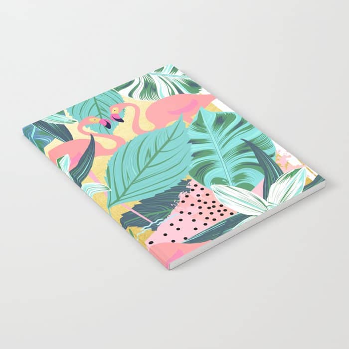 Flamingo Tropical, Colorful Modern Bohemian Eclectic Jungle Graphic Design, Blush Forest Gold Floral Notebook