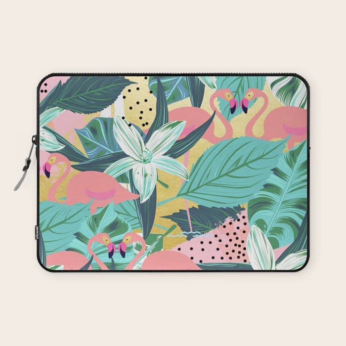 Flamingo Tropical, Colorful Modern Bohemian Eclectic Jungle Graphic Design, Blush Forest Gold Floral Laptop Sleeve